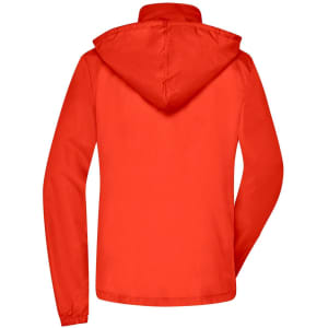 A red rain jacket with a hood, featuring a back view. The jacket has a logo on it.