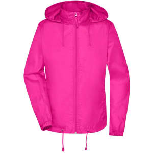 A pink rain jacket with a hood and adjustable drawstrings. It features a logo on the front.