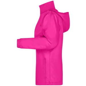 A pink rain jacket featuring a hood and side pockets, with branding on the fabric.