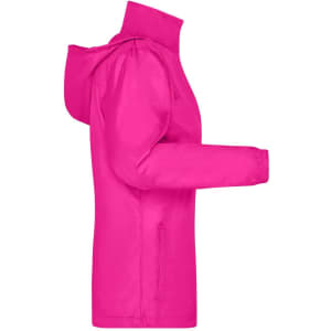 A bright pink ladies rain jacket with a hood, showcasing a side view and featuring a logo.