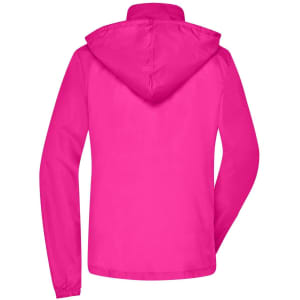 A pink ladies rain jacket with a hood, featuring a plain design and a logo on the back.