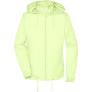 A light yellow rain jacket with a hood, featuring a zip front and drawstring adjustments. It has a logo.