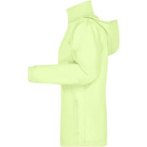 A light green rain jacket with a hood and side pockets. The jacket features a logo on the front.