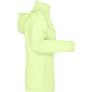 A light green ladies rain jacket with a hood and zipped pockets, featuring a logo on one side.