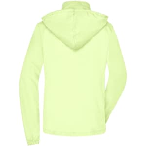 A ladies' rain jacket in light yellow, featuring a hood and a logo on the back.