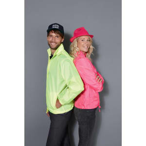 A vibrant pink ladies' rain jacket and a bright yellow men's rain jacket, both with casual styling and logos.