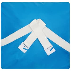 A blue rain jacket featuring white straps and plastic buckles at the back. The jacket has a logo.