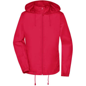 A red rain jacket with a hood, featuring a front zipper and adjustable drawstring at the hem. It includes a logo.