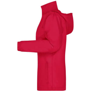 A red ladies rain jacket with a hood and zippered side pockets, featuring a logo on the front.