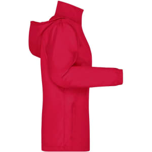 A red rain jacket featuring a hood and a side view, with a logo on the design.