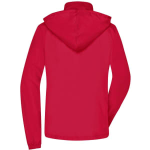 A vibrant red rain jacket with a hood and long sleeves, featuring a logo on the back.