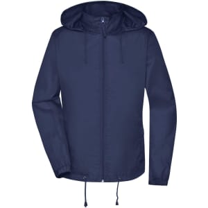 A navy blue ladies rain jacket with a hood and adjustable drawstrings at the hem and cuffs. Features a logo.
