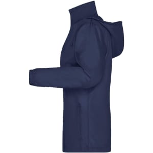 A navy blue ladies rain jacket with a hood, featuring long sleeves and a side view design. It has a logo on it.