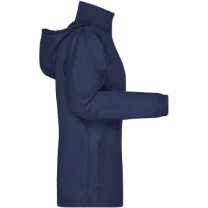 A navy rain jacket with a hood, featuring a side view and a logo on the front.