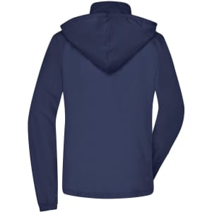 A navy rain jacket with a hood and a logo on the back. Simple and lightweight design.