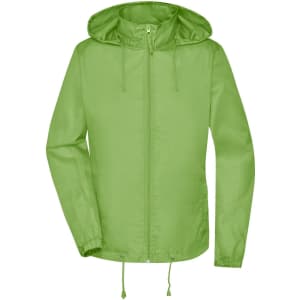 A lime green rain jacket featuring a hood, zip front, and adjustable drawstrings at the waist and cuffs.