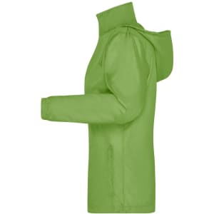 A green rain jacket with a hood and a logo prominently displayed on the side. It features elastic cuffs and side pockets.