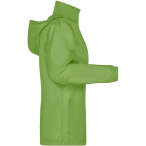 A green ladies rain jacket with a hood and side pockets, featuring a logo on the left side.