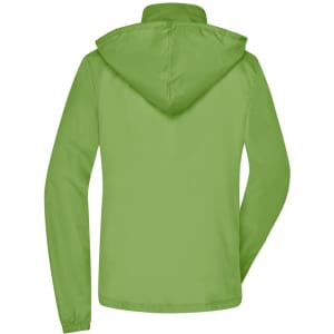A green rain jacket with a hood, featuring long sleeves and a branding logo.