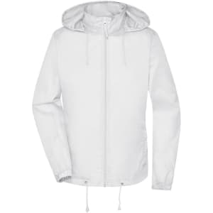 A white rain jacket with a hood and adjustable drawstrings, featuring a logo on the front.