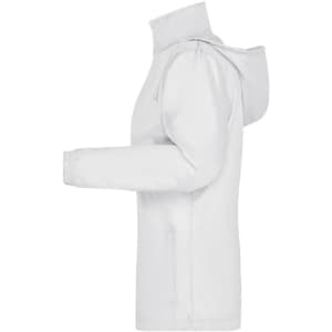 A white rain jacket featuring a hood and a side view design. The jacket includes a logo.