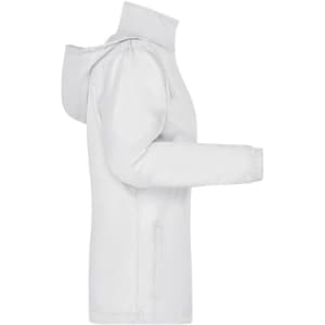 A white ladies' rain jacket features a hood and zippered front, showcasing a sleek, minimalist design.