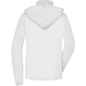 A white rain jacket with a hood, featuring long sleeves and a simple design. It has a logo on the back.