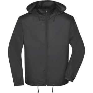 A black men's jacket featuring a hood, zip front, and adjustable drawstrings at the hem. It has a logo on it.