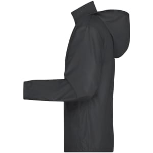 A men's promotional jacket in black, featuring a hood and long sleeves, with a simple design and logo.