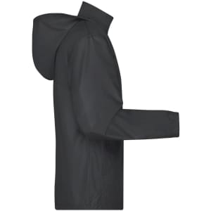 A black men's promotional jacket with a hood and long sleeves, featuring a logo or branding.