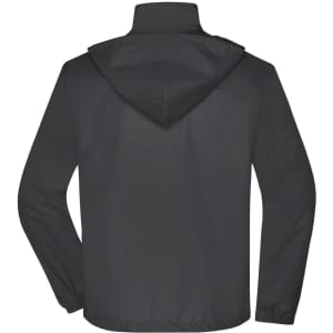 A black men's promo jacket with a hood, featuring a logo, shown from the back.