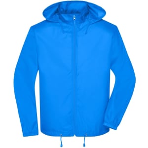 A bright blue men's jacket with a hood, featuring a front zipper and adjustable drawstrings at the waist.