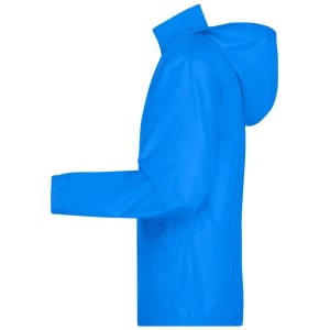 A blue men's promo jacket featuring a hood and a branding logo on the design.
