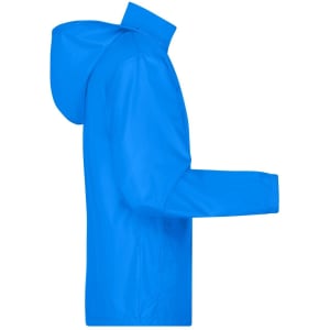 A blue men's promotional jacket featuring a hood and long sleeves, with a logo on it.