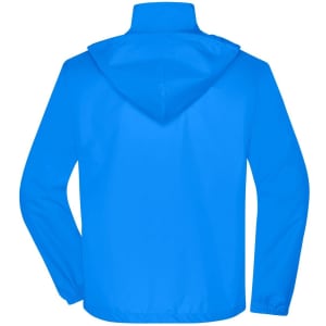 A blue men's jacket featuring a hood and a logo on the back. The material appears lightweight and casual.