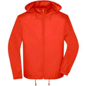 A bright red men's promotional jacket with a hood and adjustable drawstrings at the waist and cuffs.