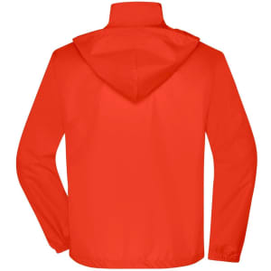 A red men's jacket featuring a hood and a branded logo on the back.