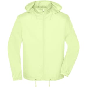 A light yellow men's jacket with a hood and drawstring adjustments, featuring a logo on the front.