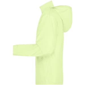 A lightweight men's jacket in a bright lime green colour with a hood and long sleeves. Features a logo.