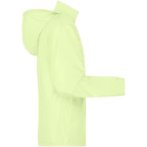 A light yellow men's promo jacket with a hood and elastic cuffs, featuring a logo on the side.