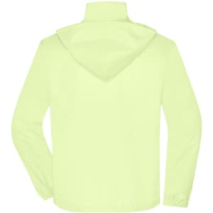 A men's promotional jacket in bright yellow with a hood and elastic cuffs, featuring a logo.