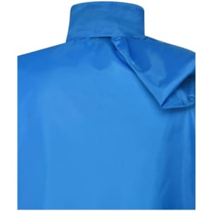 A blue men's promo jacket featuring a collar and a partial sleeve detail, with a logo present.