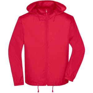 A red men's jacket with a hood, featuring a full zip front and adjustable drawstring at the hem.