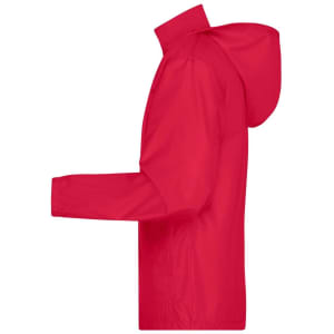 A red men's promo jacket with a hood, featuring a side view and a branding logo.