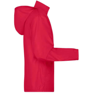 A men's jacket in bright red with a hood, featuring a side view and a logo.