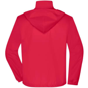 A red men's promotional jacket with a hood, featuring long sleeves and a smooth back design.