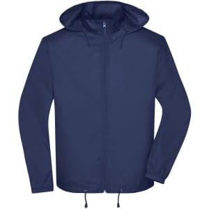 A navy blue men's promo jacket with a hood and adjustable drawstrings. It features a branding logo.