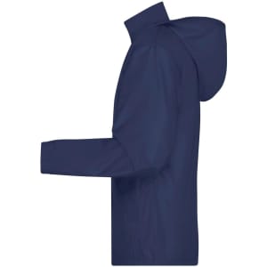 A navy jacket featuring a hood and long sleeves, with a logo on the front.