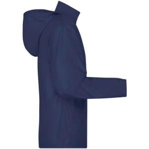 A navy blue men's jacket featuring a hood and long sleeves, with a logo on the front.