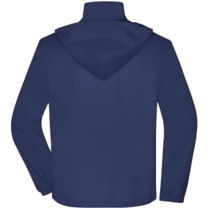 A navy blue men's jacket with a hood, featuring a logo on the back.